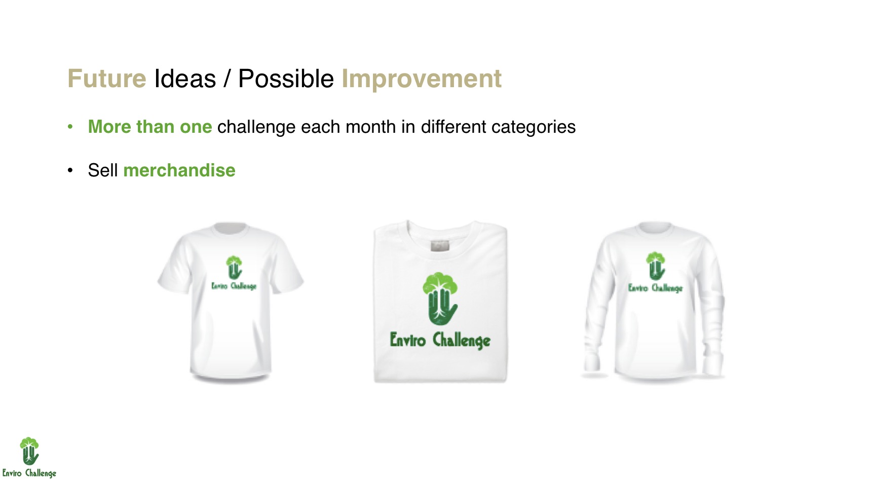 A slide from the Enviro Challenge pitch featuring merchandise ideas