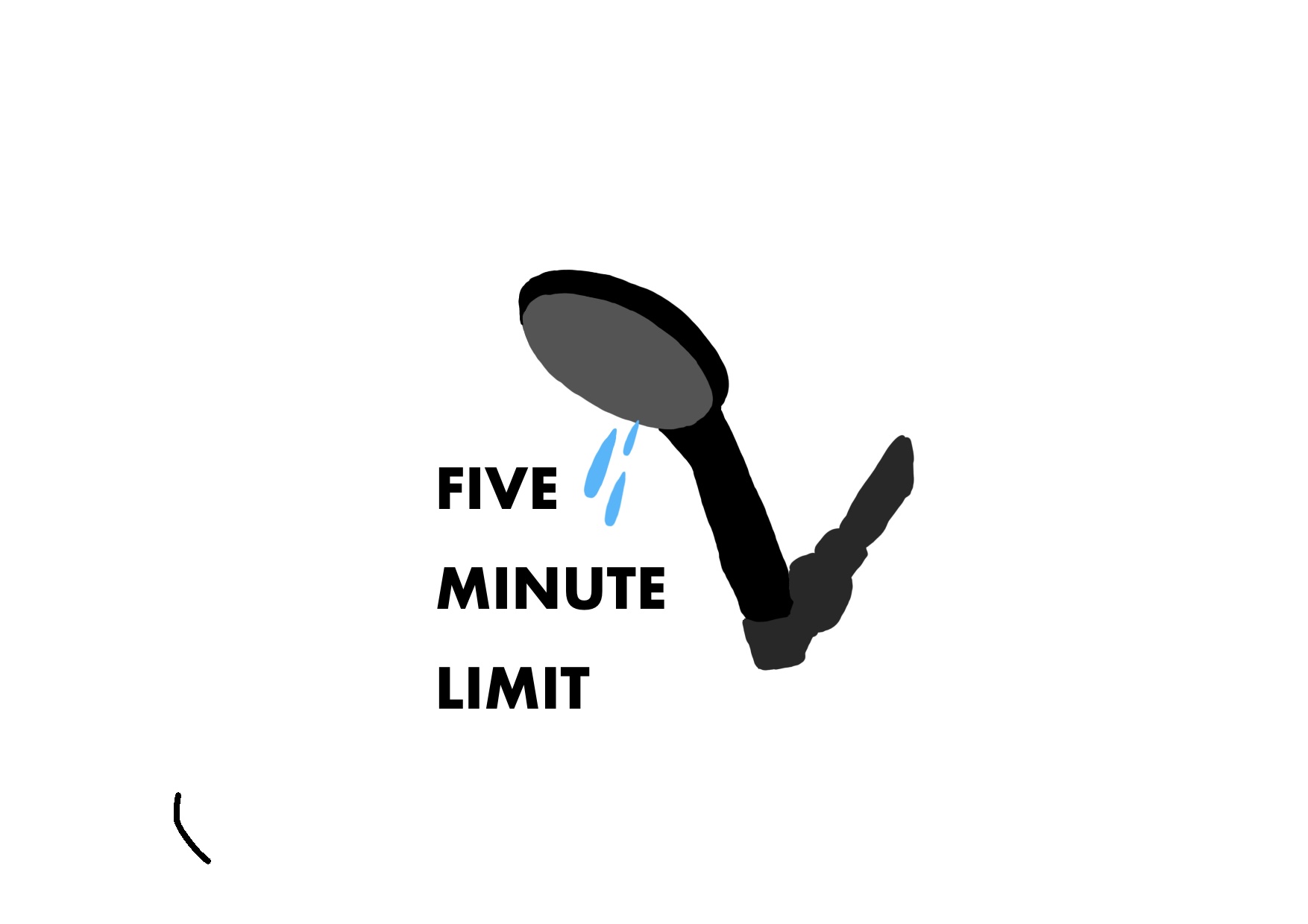 Shower head leaking with text “Five Minute Limit”