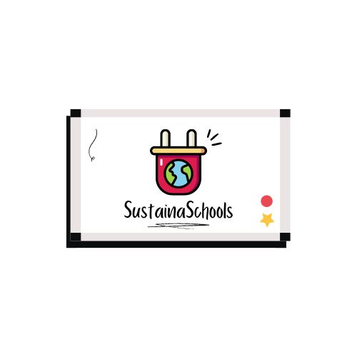 Image of the word "SustainaSchools" below an image of a plug with Earth on top - all on a whiteboard.