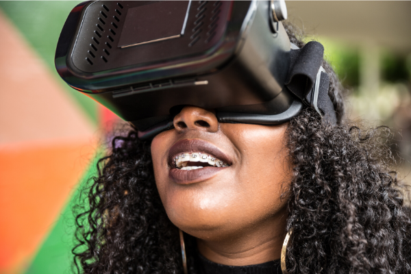a woman using a VR headset