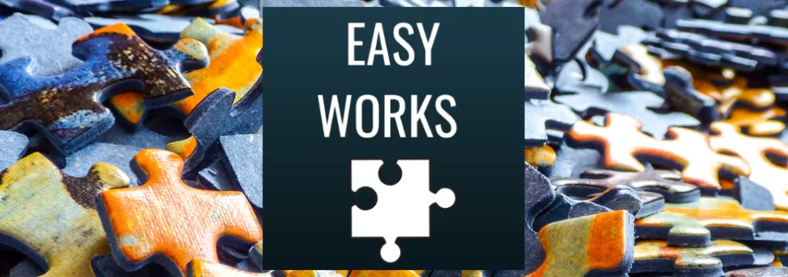 the easy works logo on a background of puzzle pieces 