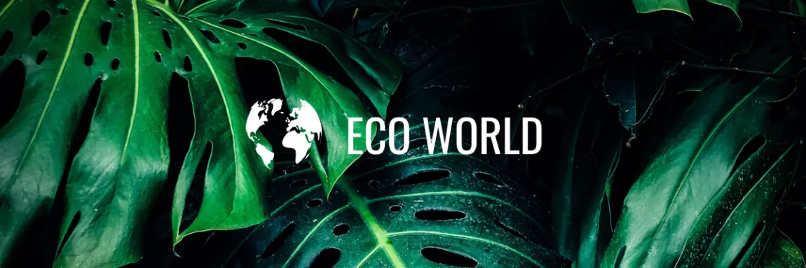 a leafy background with the eco world logo on top