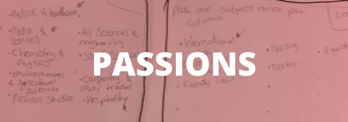 Image showing the word Passions in white block text with a red background
