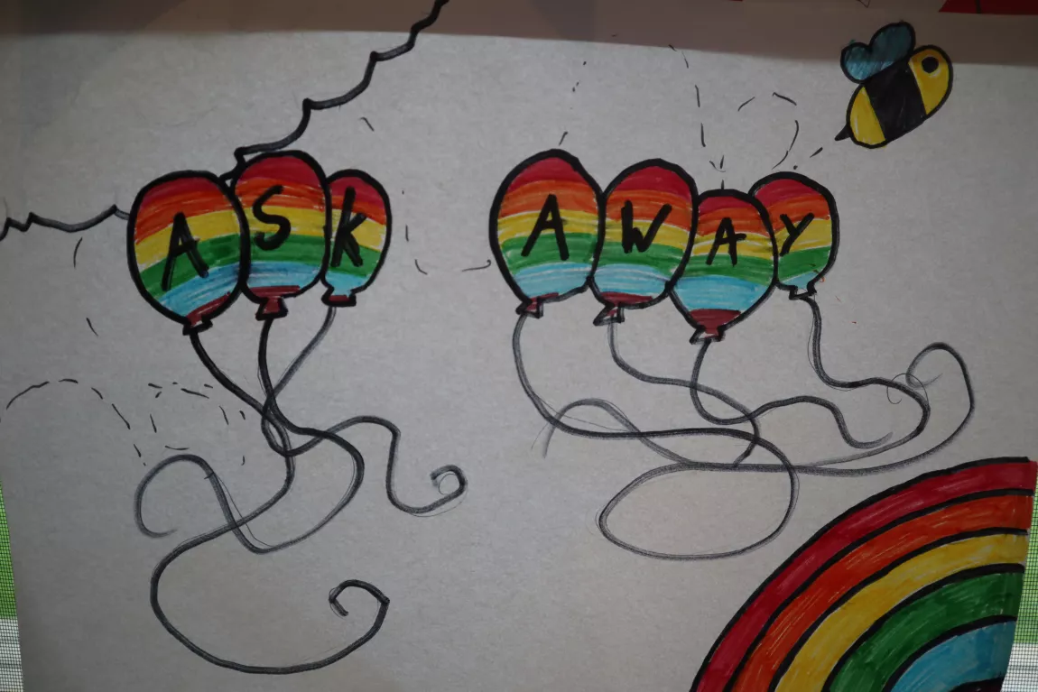 Ask Away in rainbow balloons